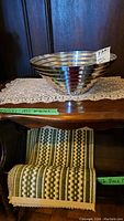 Side view of shiny stainless steel bowl on crochet doily on wooden furniture, showing bowl shape and material.