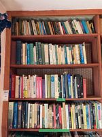 Photo of multiple shelves filled with various books showing a range of literary criticism, poetry collections, and other literary works.