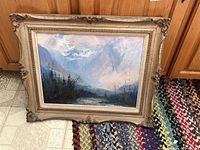 Full view of framed oil painting showing overall condition and style