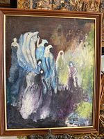 Full view of the framed abstract oil painting on board showing flowing human-like figures in blue, purple, and yellow-green hues.