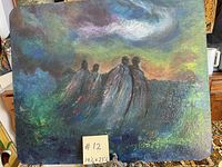 Full view of the abstract oil on board painting featuring shadowy figures and a colorful background.