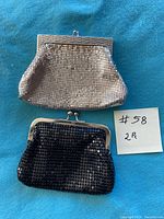 Two vintage mesh clutch handbags, silver and black, on blue background with a note #58 2Pc