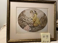 Framed Art Deco aquatint print with note showing dimensions 14 x 16.5 inches.