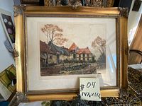 Framed hand coloured etching with label showing dimensions and lot number