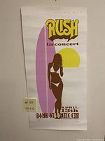 Full view of the vintage concert poster featuring a woman silhouette, surfboard and the event details in bold text.