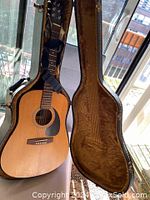 Full body view of Seagull acoustic guitar inside open plush-lined hardshell case