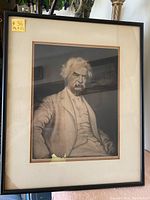 Framed vintage art print measuring 19" x 22.5" with a sepia-toned image of Mark Twain seated.