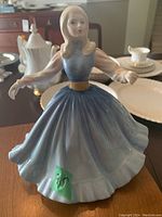 Front view of Royal Doulton porcelain figurine Jennifer HN 2392, showing facial details, blue dress and flowing skirt.