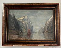 Framed painting showing full Nordic fjord scene with red sailing vessel between cliffs.