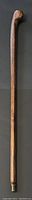 Full length view of hand carved wooden walking stick with rounded handle and brass tip showing natural wood grain.