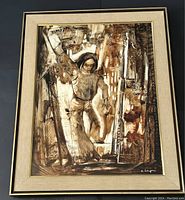 Full view of the framed oil painting showing an abstract human figure in shades of brown and white, signed by the artist.