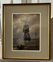 Full framed watercolour art showcasing the harbour scene with sails and figures near water.