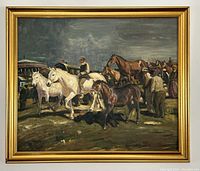Full view of framed oil painting showing overall composition and frame style