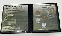 Open folder showing four Canadian five cent coins from 1942-1945 mounted with explanatory text about the metal changes during WWII.