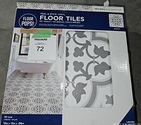Packaged Floor Pops peel and stick vinyl floor tiles with visible tile pattern and packaging details.