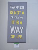 Front view of a rectangular wrapped canvas wall art sign with motivational text in white and yellow on a grey background.
