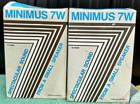 Two original retail boxes for Minimus 7W Realistic speakers labeled with model and promotional text.