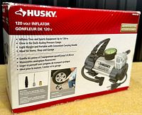 Front of the product box showing Husky 120 Volt Inflator with product features and images of use with different inflatables.