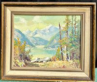 Full front image of the framed oil on board painting showing the mountain landscape scene.
