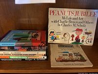 Photo showing a stack of graphic and travel books including Peanuts Jubilee and Doonesbury.
