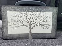 Rectangular abstract silver and gray tree print with textured highlights and metallic frame edges, showing full tree with many branches.