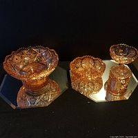 Three pieces of vintage pink depression glass shown on reflective surfaces displaying intricate geometric and floral molded patterns.