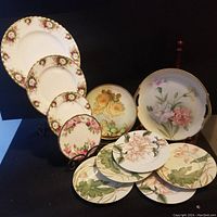 Photo showing multiple porcelain plates and two serving trays with floral patterns arranged for display.