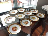 10 dessert plates arranged on a glass table showing gold rim and fruit motif on each plate, no chips visible.