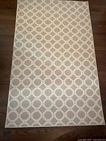 Full view of the cream and oatmeal geometric patterned area rug laid flat on wooden floor.