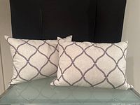 Two rectangular lumbar pillows showing the beige fabric side with dark chain-link pattern, placed on a reflective surface with dark background.