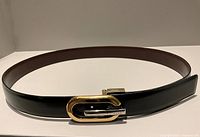 Full view of belt laid in circle showing black exterior and gold-tone buckle