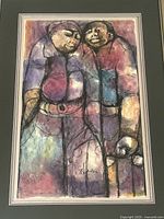 Close-up of the painting showing two abstract figures with artist signature