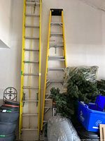 Two yellow fiberglass ladders—9-step step ladder at right and extension ladder at left—leaning against garage wall