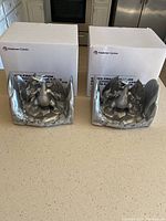 Two new Charizard bookends with boxes behind on countertop, showing silver metallic finish and flame shaped edges.