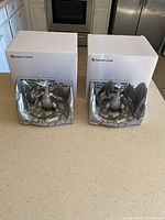 Front view of both Charizard Pokémon bookends with original boxes behind them.