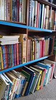 Bookshelf with various children's books including classic titles, early readers, and other children's literature, some horizontally stacked, visible wear and age.