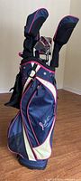 Wilson Hope golf bag standing upright with several golf clubs inserted, showing side and front angles, highlighting colors and embroidery.