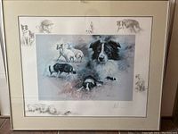 Framed numbered signed print artwork depicting sheepdogs in various poses and herding scenes.
