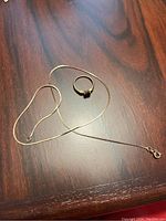 Full lot view of necklace chain and ring on wood surface