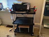 Full view of the three tier rolling cart with a Canon printer and other items on top shelf (not included).