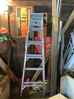 Aluminum 6 ft step ladder photographed in garage, showing overall structure from front view leaning against wall with surrounding items.