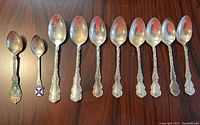 Group of 13 spoons laid out on wood surface showing 11 matching and 2 souvenir spoons
