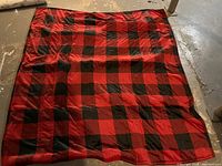 Photo of a red and black checkered plush throw blanket spread out showing the entire throw and pattern.