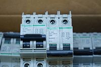 Close-up photo of two circuit breakers with clear Schneider Electric logos, model number C60, 10A, 240V AC, 125V DC ratings visible.