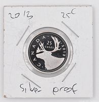 Obverse side of the 2013 Canadian 25 cent silver proof coin showing caribou design and inscriptions