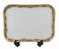 Front view of Legle De Limoges porcelain rectangular plate on stand, showing floral and gold decorative border