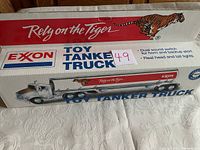 Photo of the unopened Exxon Toy Tanker Truck box showing the full front and side with visible branding and product features.