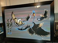 Framed large acrylic painting by Randy Knott showing stylized birds in flight and standing by water with a muted pastel background