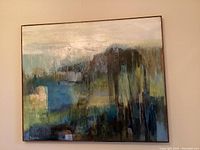 Full view of framed abstract painting showing overall composition and color palette