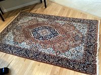 Full view of rectangular patterned area rug showing the overall design and size relative to floor and furniture.